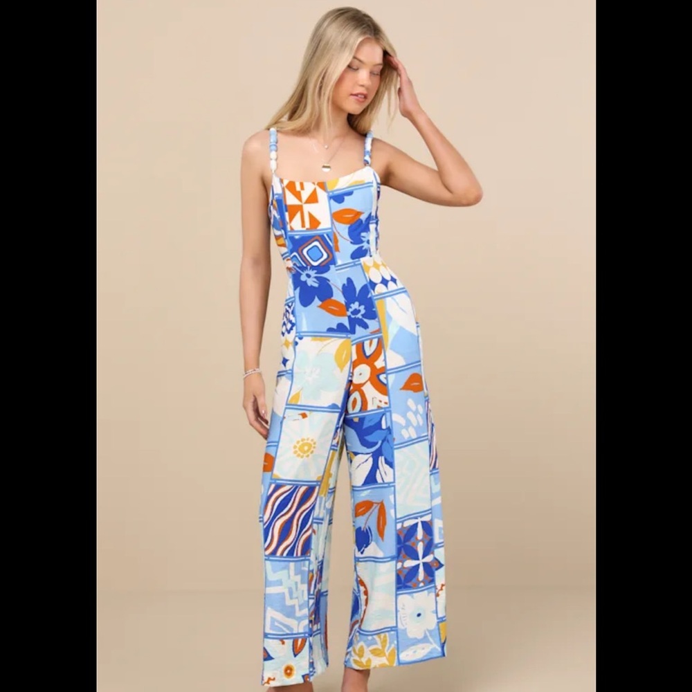 Lulu's Blue & Orange Patchwork Wide-Leg Jumpsuit
